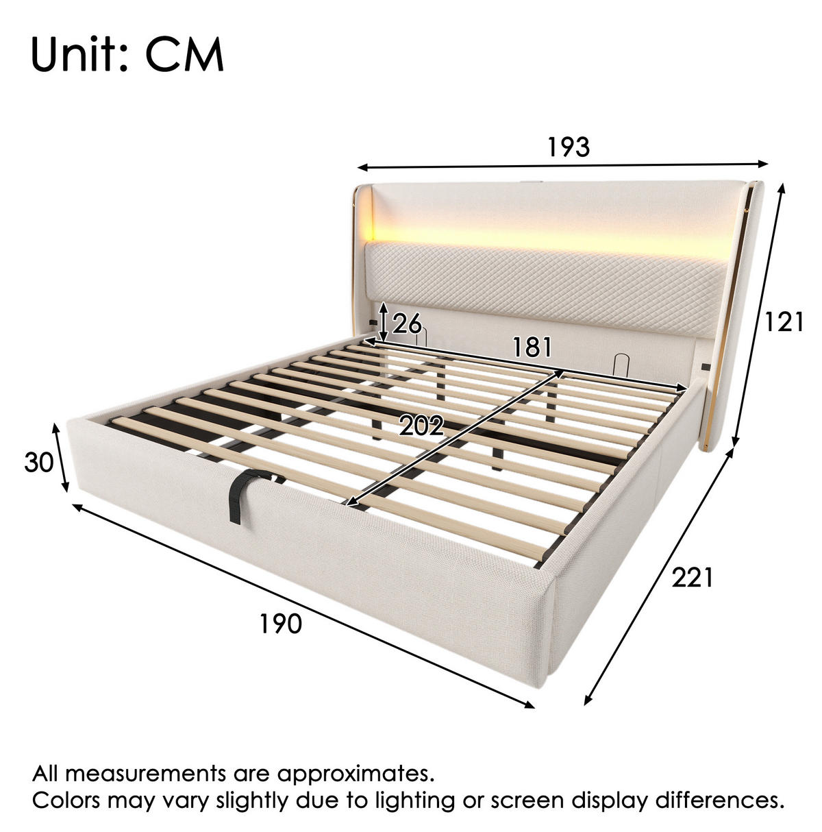 POLSTERBETT 180/200 cm mit hydraulischem Bettkasten, LED-Kopfteil & USB/Type-C, Beige - Beige, Textil (180/200cm) - Redom