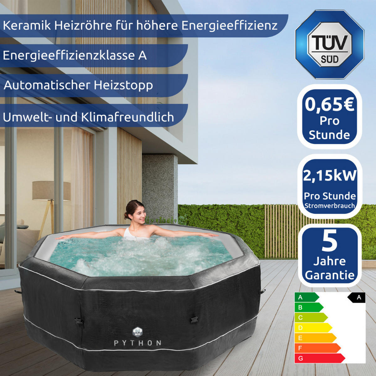 WHIRLPOOL, Aufblasbar, Achteckig, Beheizbar, Outdoor, Indoor, SPA, 5 Personen, 130 Luftdüsen, Selbstaufblasend, Winterfest, Jacuzzi, Wellness - Schwarz, Kunststoff (193/70/193cm) - JUNG