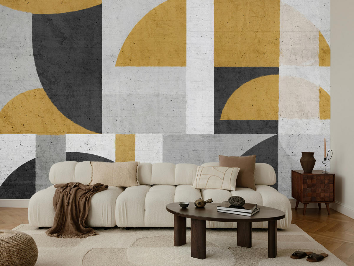 FOTOTAPETE für Wohnzimmer Abstrakte Geometrische Muster Formen 300x210 - Gelb/Schwarz, Papier (300/210cm) - Muralo