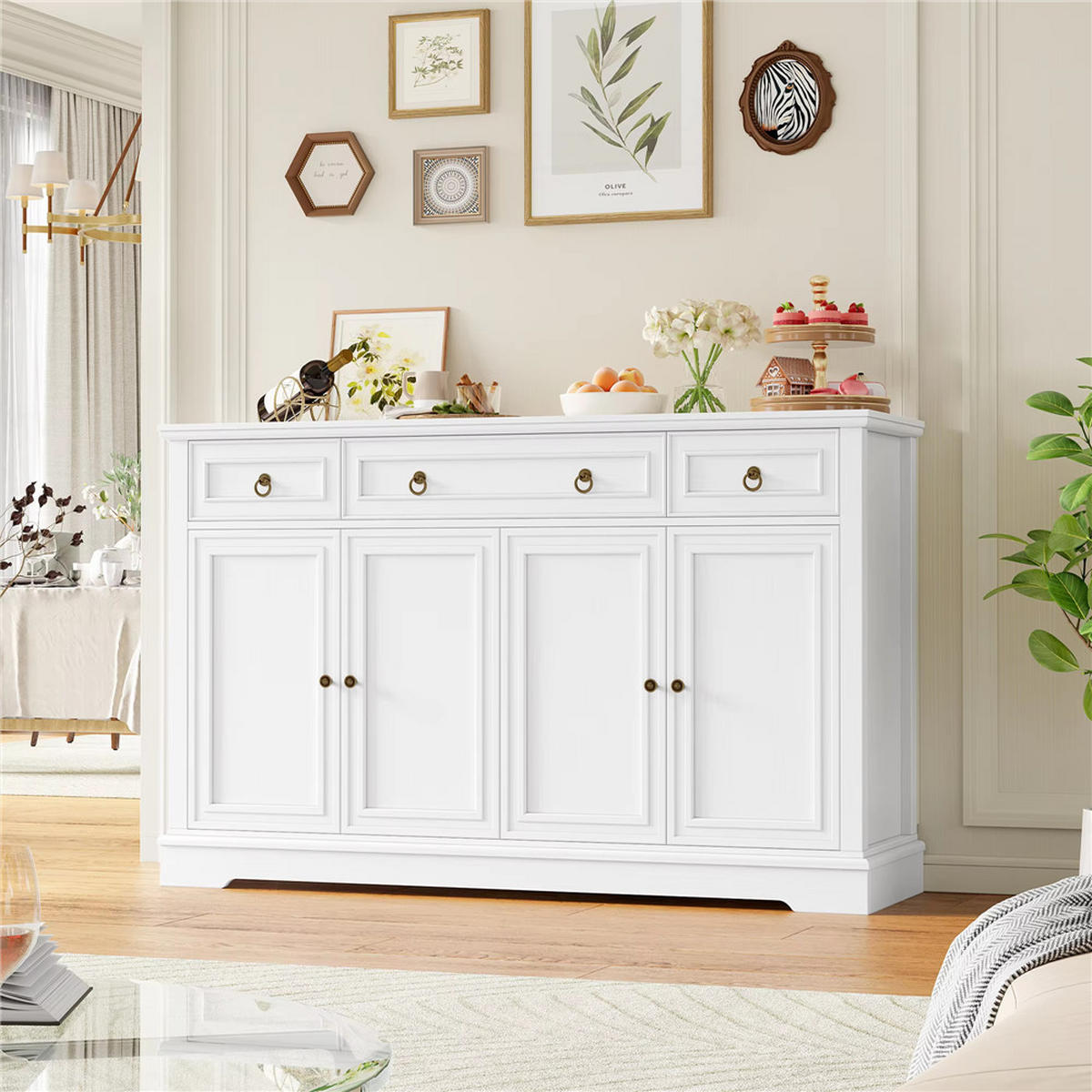 SIDEBOARD 134x87x40 cm Küchenschrank 3 Schubladen Weiß - Weiß, Holz (134/87/40cm) - Kaket