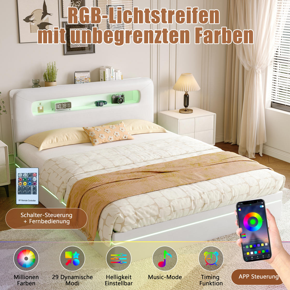 POLSTERBETT 160x200 cm LED Stauraum Lattenrost Ablagefach Samt beige - Weiß, Holz (160/200cm) - LEBENLANG