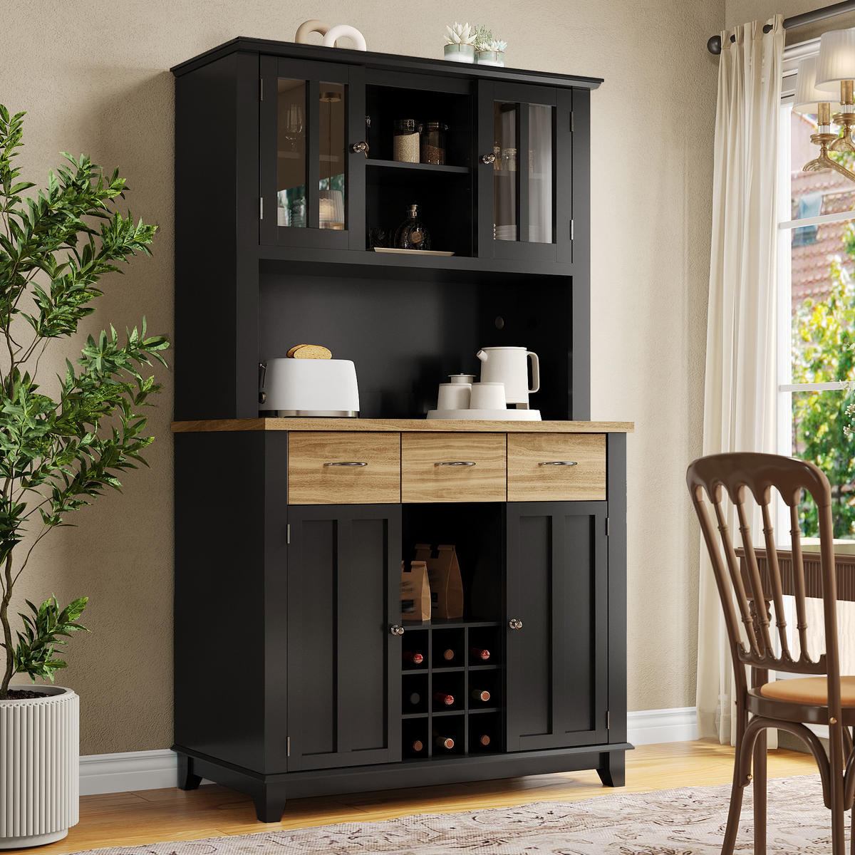 KÜCHENBUFFET mit LED-Beleuchtung, Glaselementen und verstellbaren Einlegeböden, 106 x 40 x 179,5 cm, Schwarz, MDF - Schwarz, Holzwerkstoff (106/179.5/40cm) - SONNENH