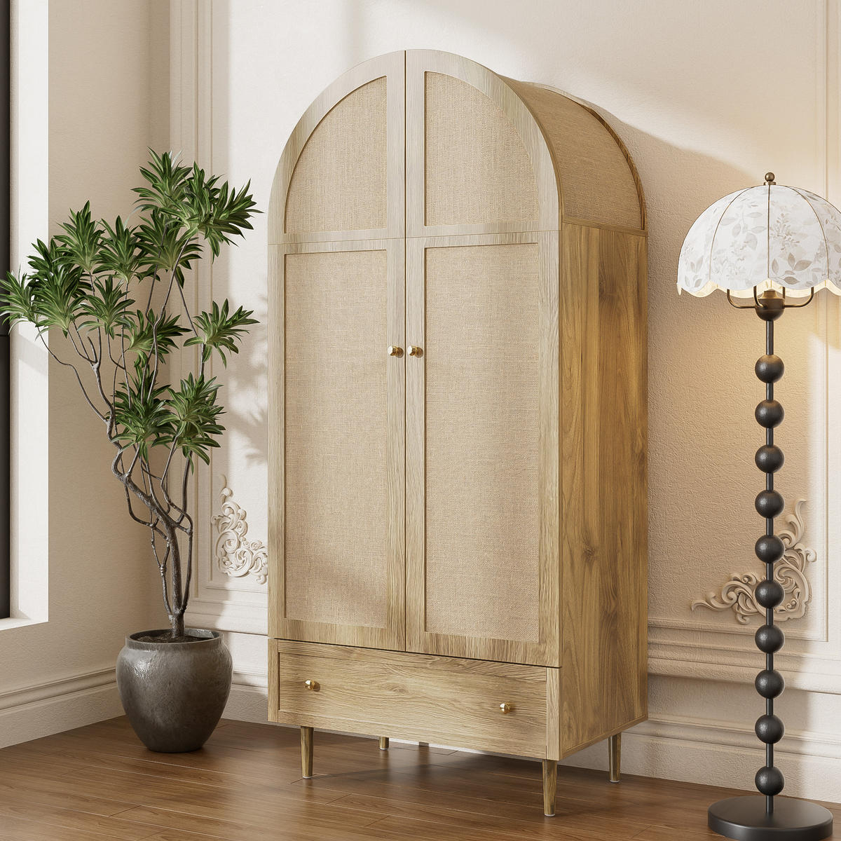 KLEIDERSCHRANK Holz Leinen Schubladen großer Stauraum modern - Eichefarben, Holzwerkstoff (50/175/79cm) - FLIEKS