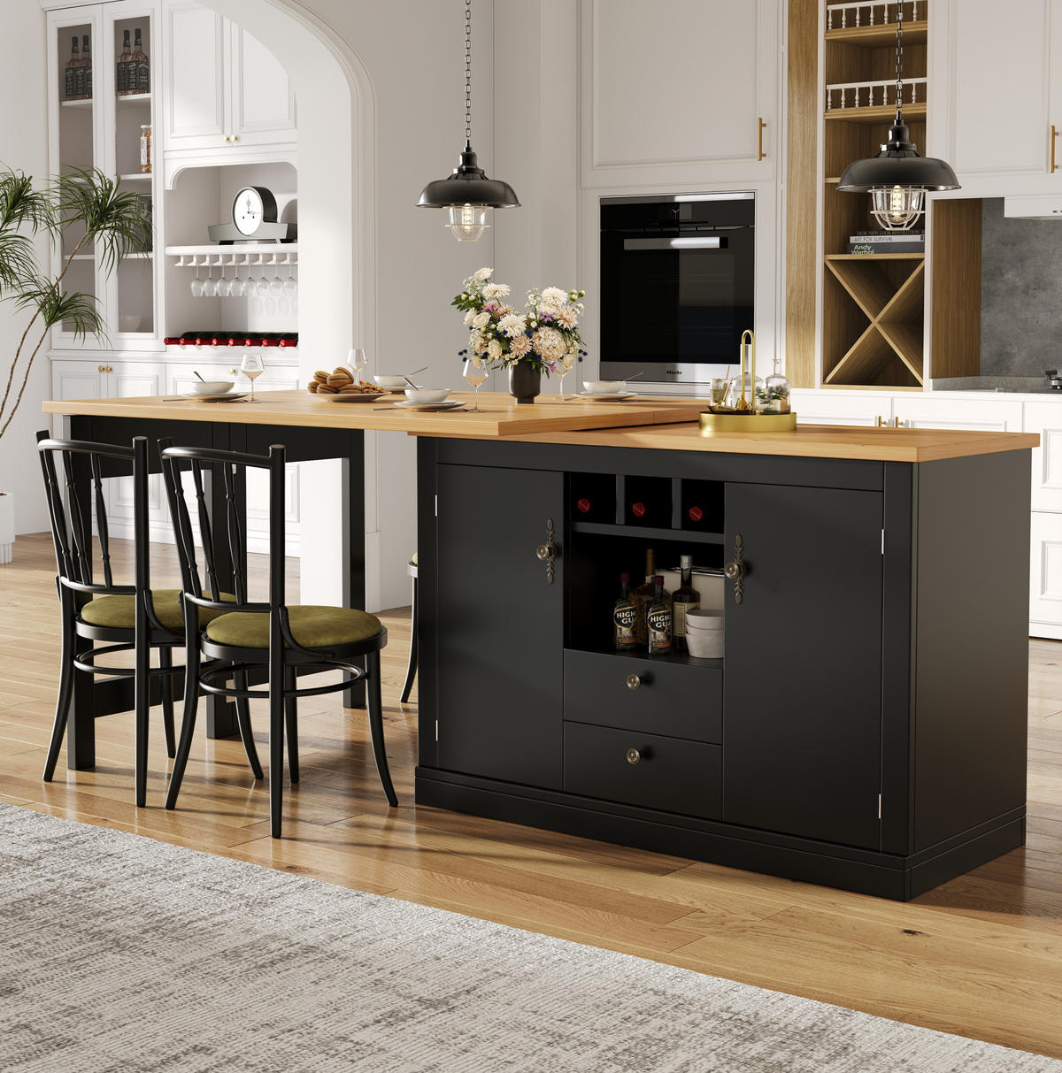 BAROVÝ stůl 120-180/40/76 cm s otočnou deskou, úložným prostorem a policí na víno, MDF, Černá/Přírodní - černá, kompozitní dřevo (40/180/76cm) - Redom