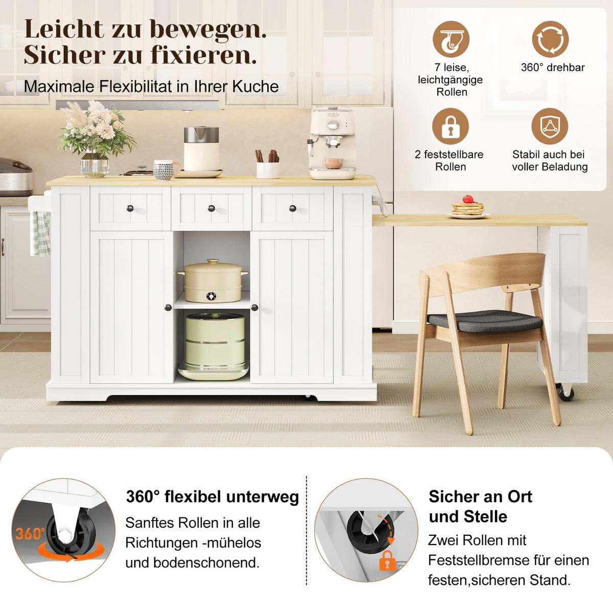 KÜCHENINSEL 138/55/93 cm Weiß mit 3 Schubladen, ausziehbarem Esstisch und 7 Rädern - Weiß, Holz/Holzwerkstoff (55/93/138cm) - Oxeza