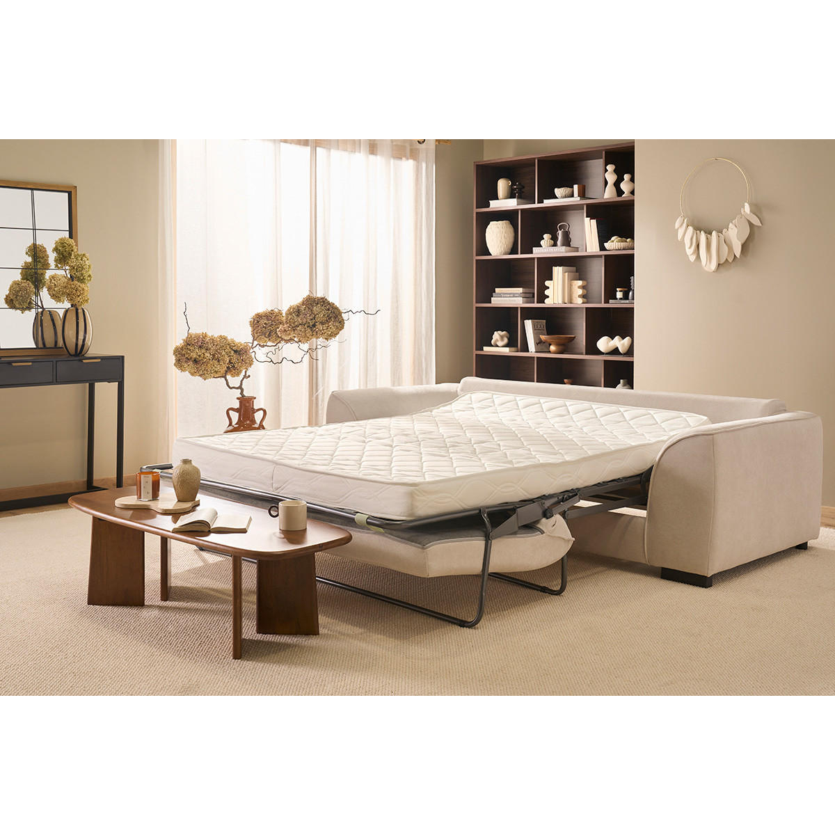 SCHLAFSOFA mit 3 Sitzen in Beige Samtoptik mit 12 cm Matratze ARMAND - Beige, Textil (100/80/217cm) - Miliboo