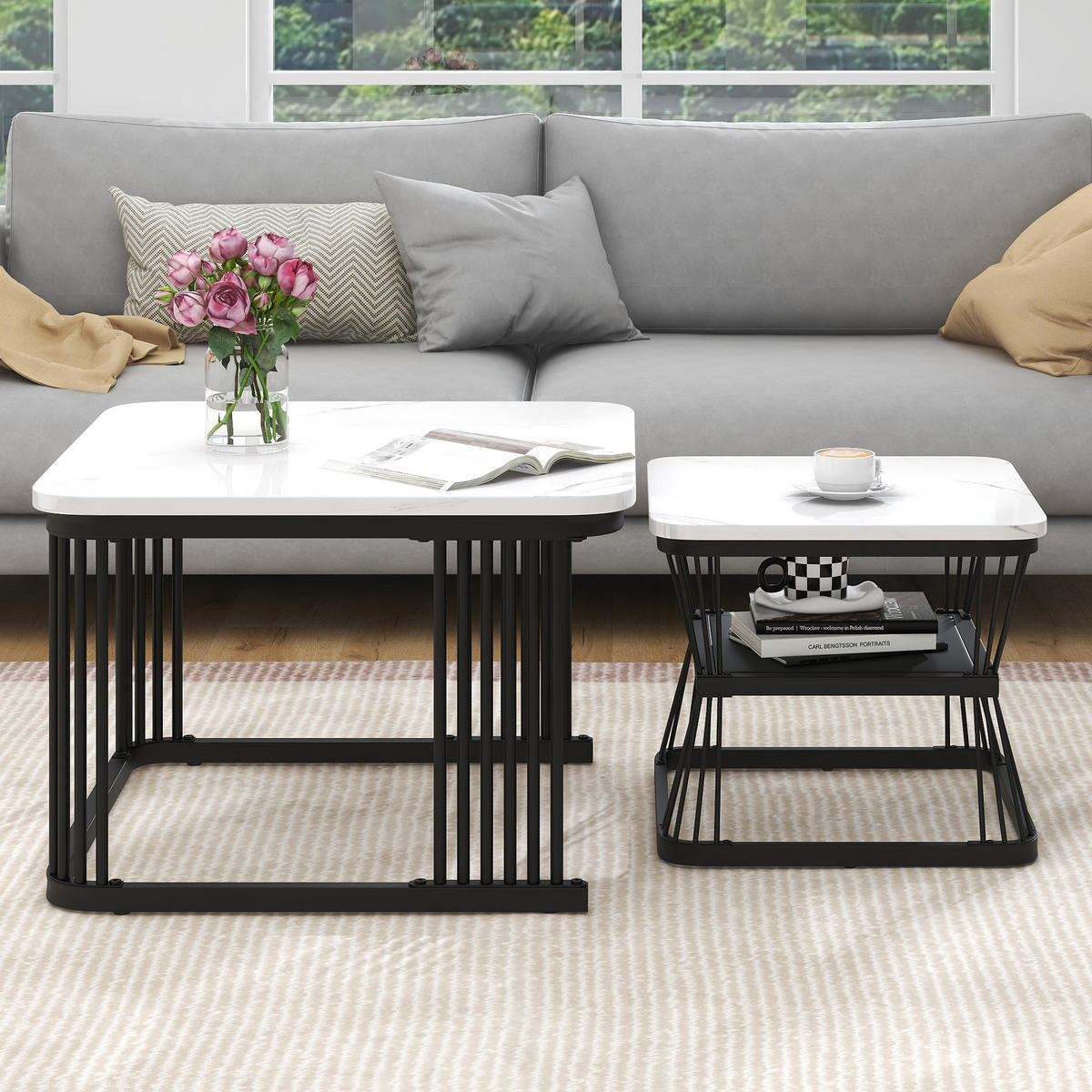 COUCHTISCH 65/65/45 cm und 45/45/39,5 cm Weiß in Marmoroptik mit mattschwarzen Stahlbeinen - Weiß, Holzwerkstoff (65/65/45cm) - OKWISH