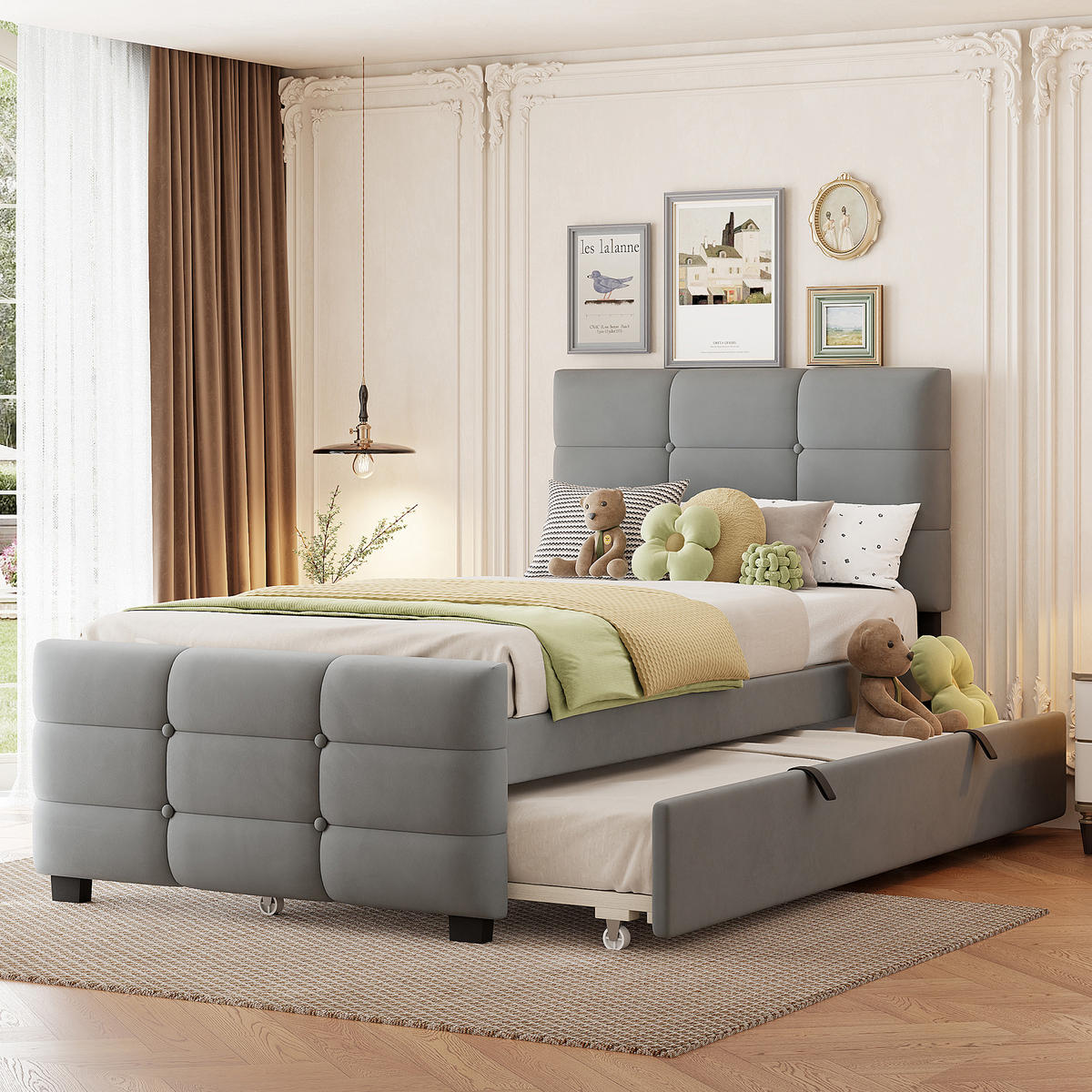 POLSTERBETT aus Samtstoff 90x190 cm in Grau mit ausziehbarem Bett - Grau, Textil (90/190cm) - Modfu