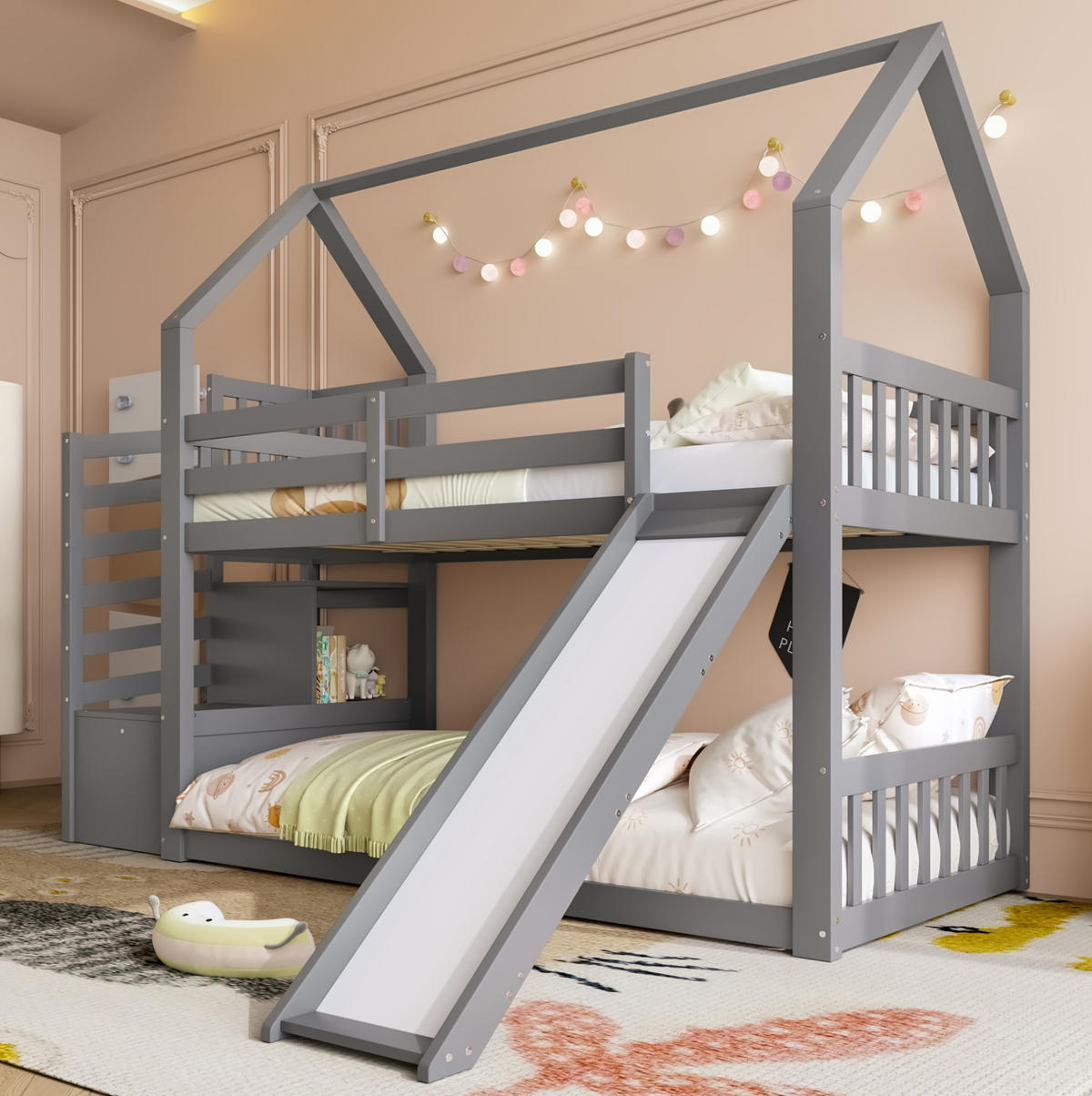 ETAGENBETT mit Stauraumtreppe und Rutsche 90x200 cm Kiefernholz Grau - Grau, Holzwerkstoff (90/200cm) - Beauniv