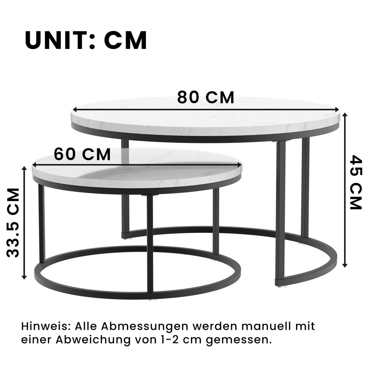 COUCHTISCH-SET mit Marmoreffekt und Metallrahmen Basis, Stapelbarer Beistelltisch Set 80/80/45 cm + 60/60/33,5 cm, Weiß und Schwarz - Weiß, Holzwerkstoff (80/80/45cm) - Redom