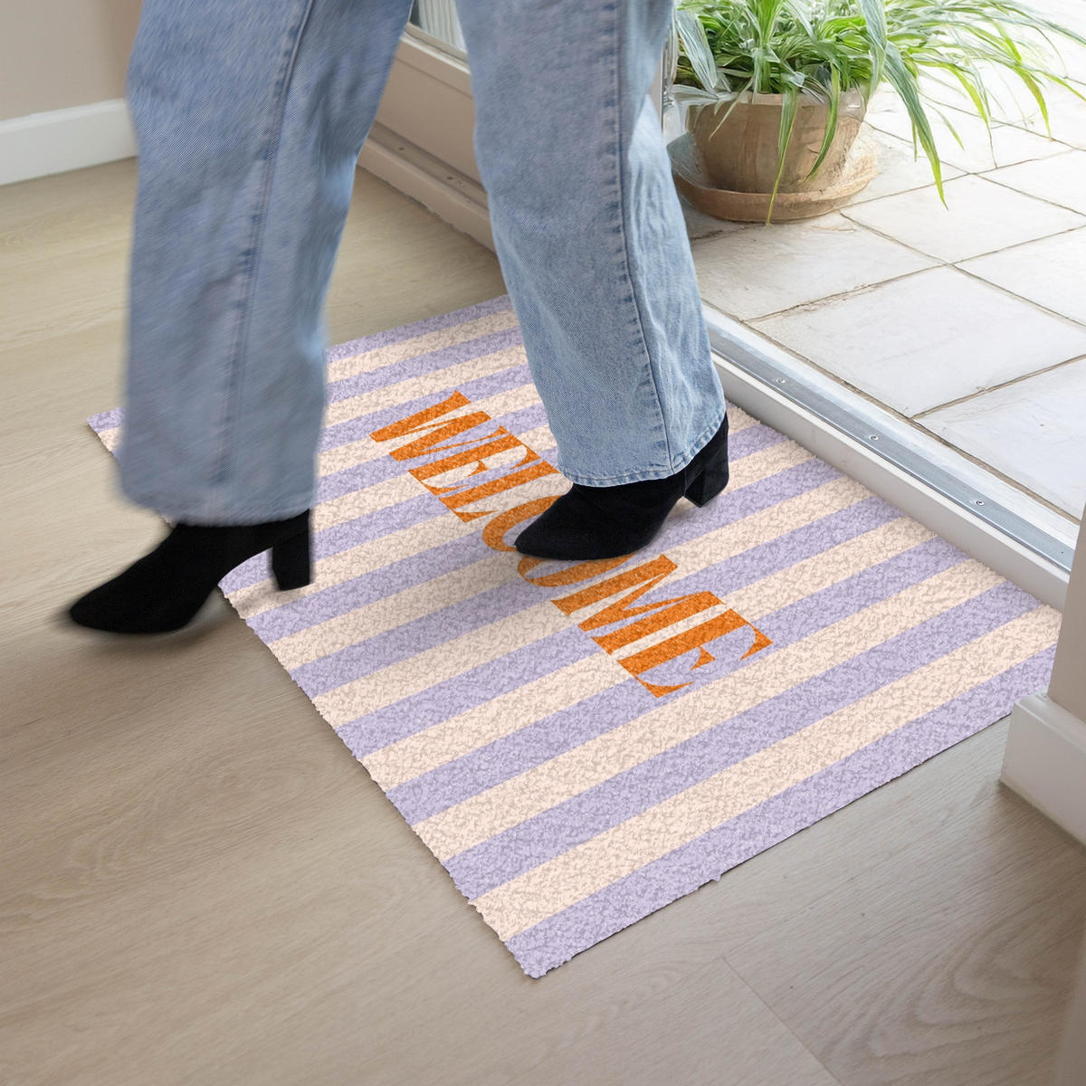 FUSSMATTE Lila – Orange – Streifen – Willkommen 90x60 cm - Flieder, Kunststoff (90/0.4cm) - MuchoWow