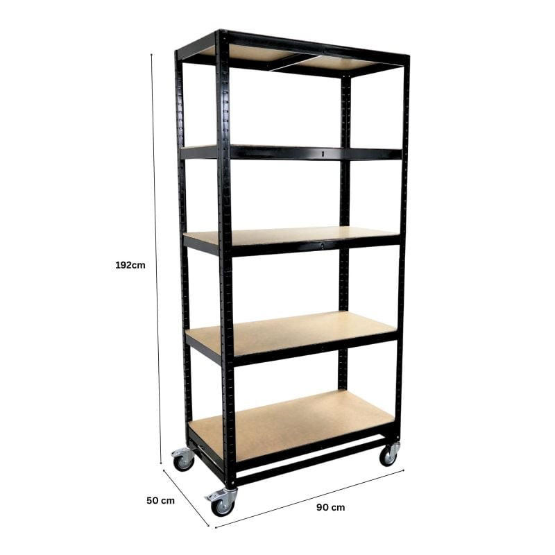 KOMMISSIONIERWAGEN BÜFFEL, 190x90x50cm, 5 Ebenen, Fachlast 50kg, 2X Lenkrollen & 2X Lenkrollen mit Feststellbremse, Schwarz - Schwarz, Metall (90/190/50cm) - PROREGAL