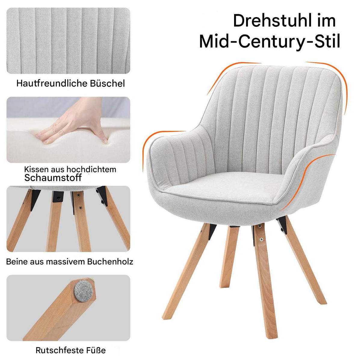 ARMLEHNSTUHL-SET 4 Stück drehbar in Webstoff - Gelb/Buchefarben, Holz/Textil (57/83/56cm) - Meubles Cosy