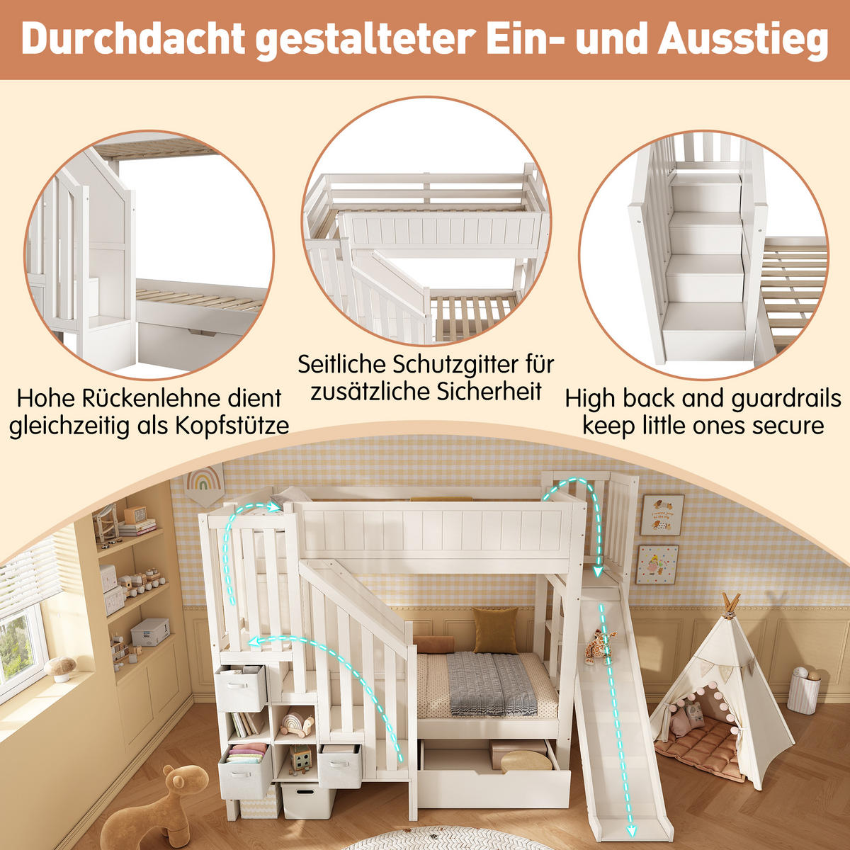 ETAGENBETT 90/200 cm & 90/200 cm in Weiß Kinderbett mit Rutsche, 3 Schubladen und Regal - Weiß, Holz/Holzwerkstoff (90/200cm) - STILVORA