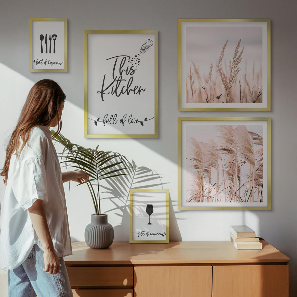 BILDER SET 5er Set - 50x50 cm & 20x30 cm & 40x60 cm Goldrahmen - Abstrakte Blattmalerei - Goldfarben, Kunststoff (40/60cm) - TULUP