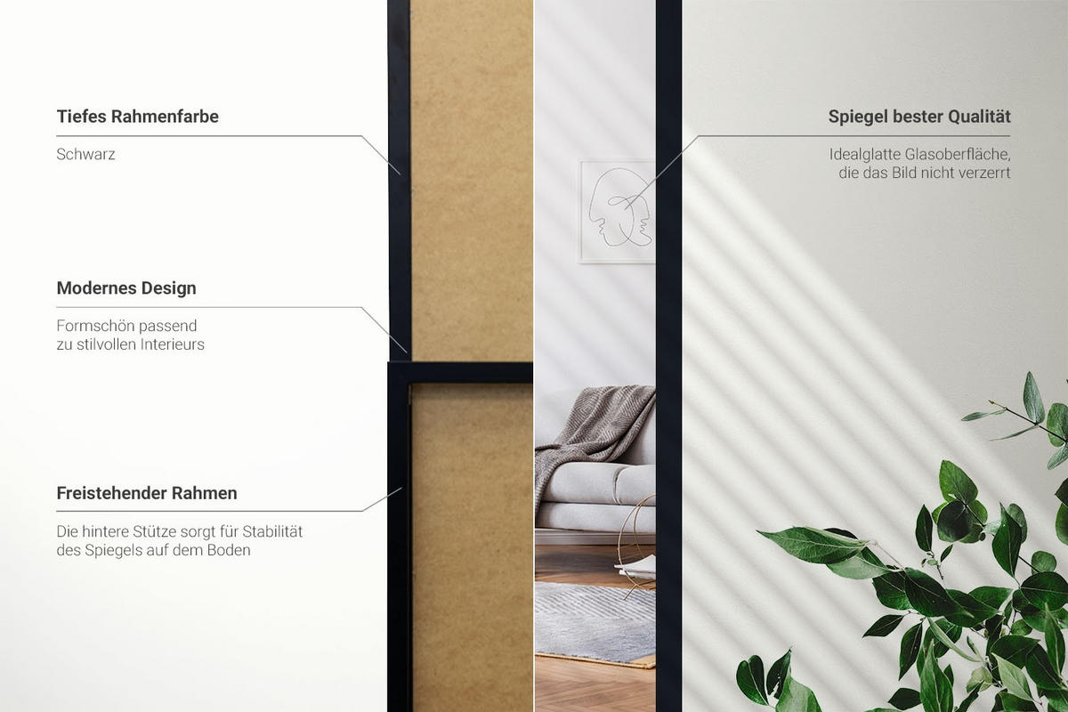 STANDSPIEGEL 156x36 cm – Schwarze Rahmen - Schwarz, Glas (156/36/0.4cm) - Wallfluent