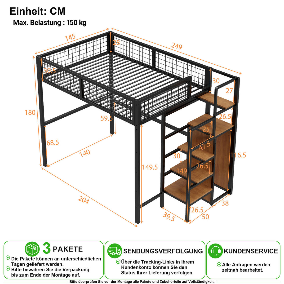 VYSOKÁ POSTEL 140/200 cm v černé barvě se žebříkem, policí a skříní - černá, kov/dřevo (140/200cm) - CHICFURN