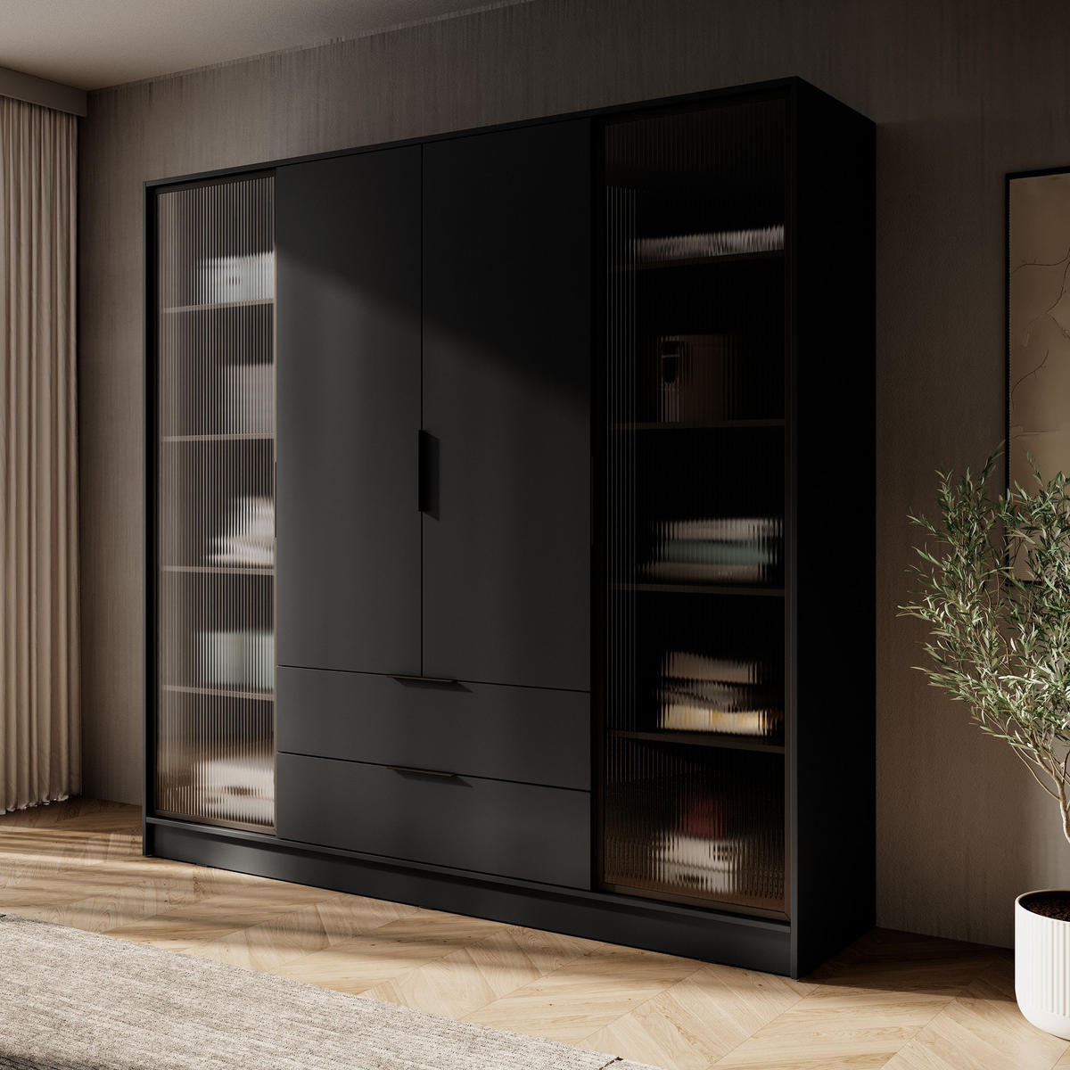 KLEIDERSCHRANK RICADI 4D RD (Schwarz, Riffelglas, 4 Türen, 2 Schubladen, Kunststoffgriffe) - Schwarz, Holz/Holzwerkstoff (206/200/51cm) - Ravio
