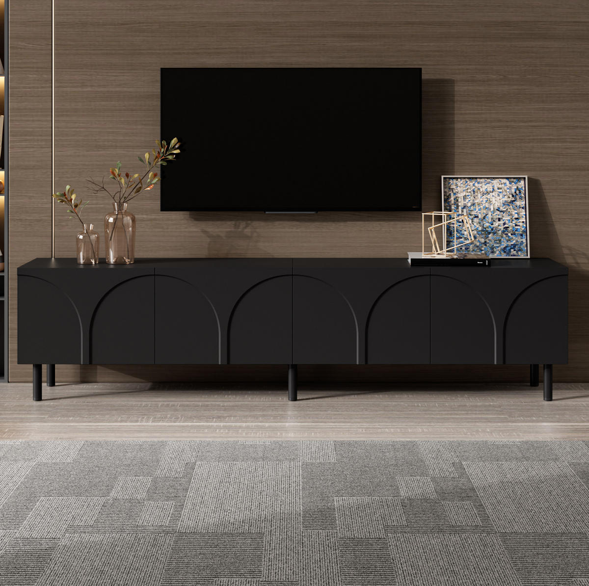 TV-SCHRANK mit 4 Türen 180 cm Schwarz mit Metallfüßen - Schwarz, Holzwerkstoff (35/49/180cm) - Beauniv