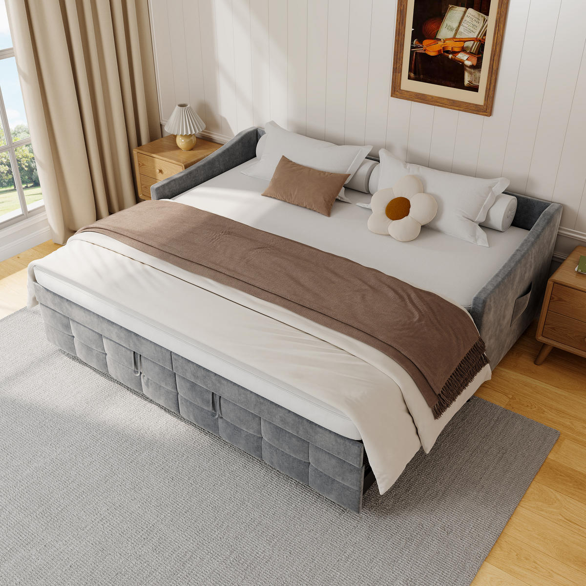 SCHLAFSOFA 90x200cm grau samt hydraulik seittaschen - Grau, Holzwerkstoff (90/200cm) - SHOPENTRA