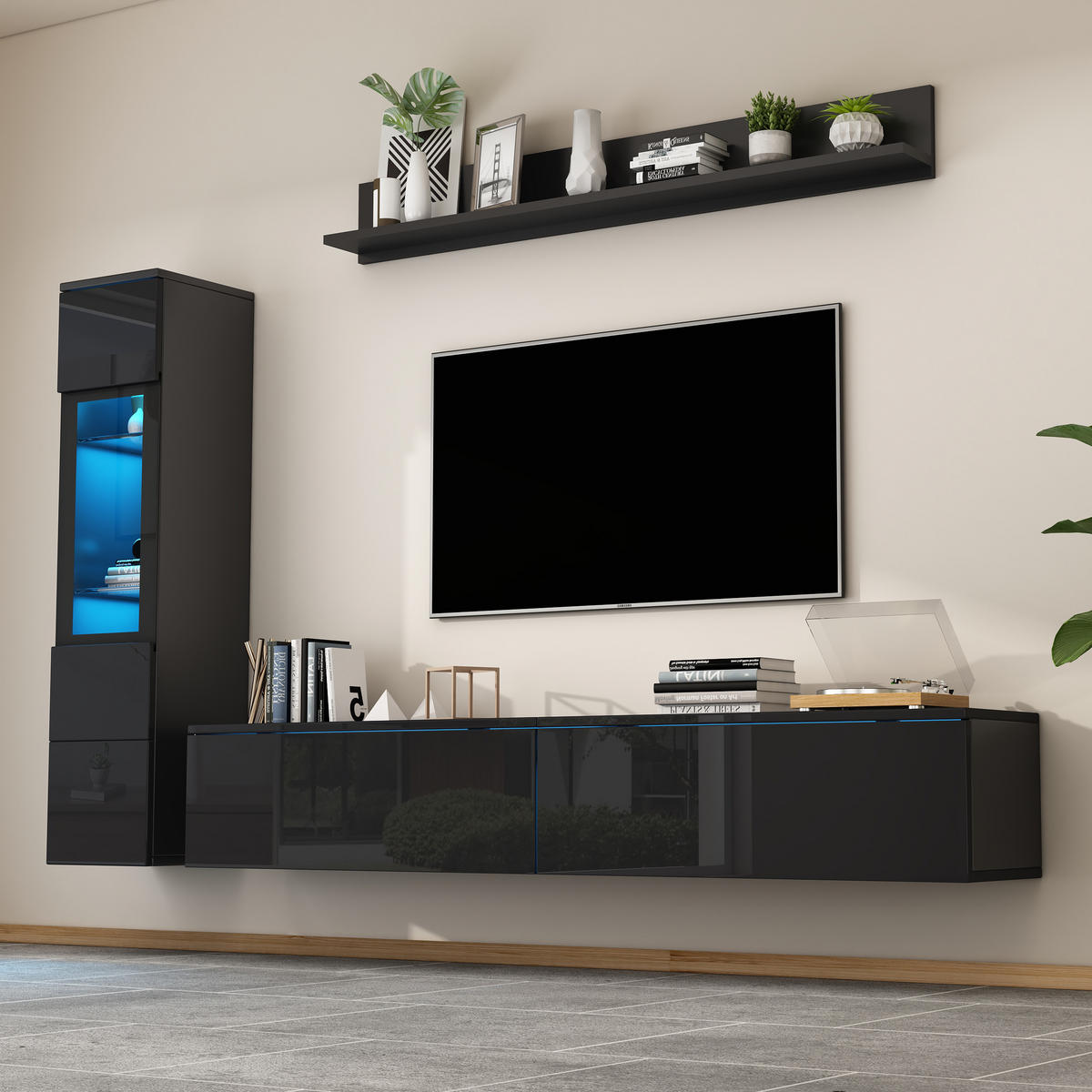 WOHNWAND-SET in Schwarz mit LED Beleuchtung für Wohnzimmer, B180/T30/H130 cm - Schwarz, Glas/Holzwerkstoff (180/33/130cm) - STILVORA