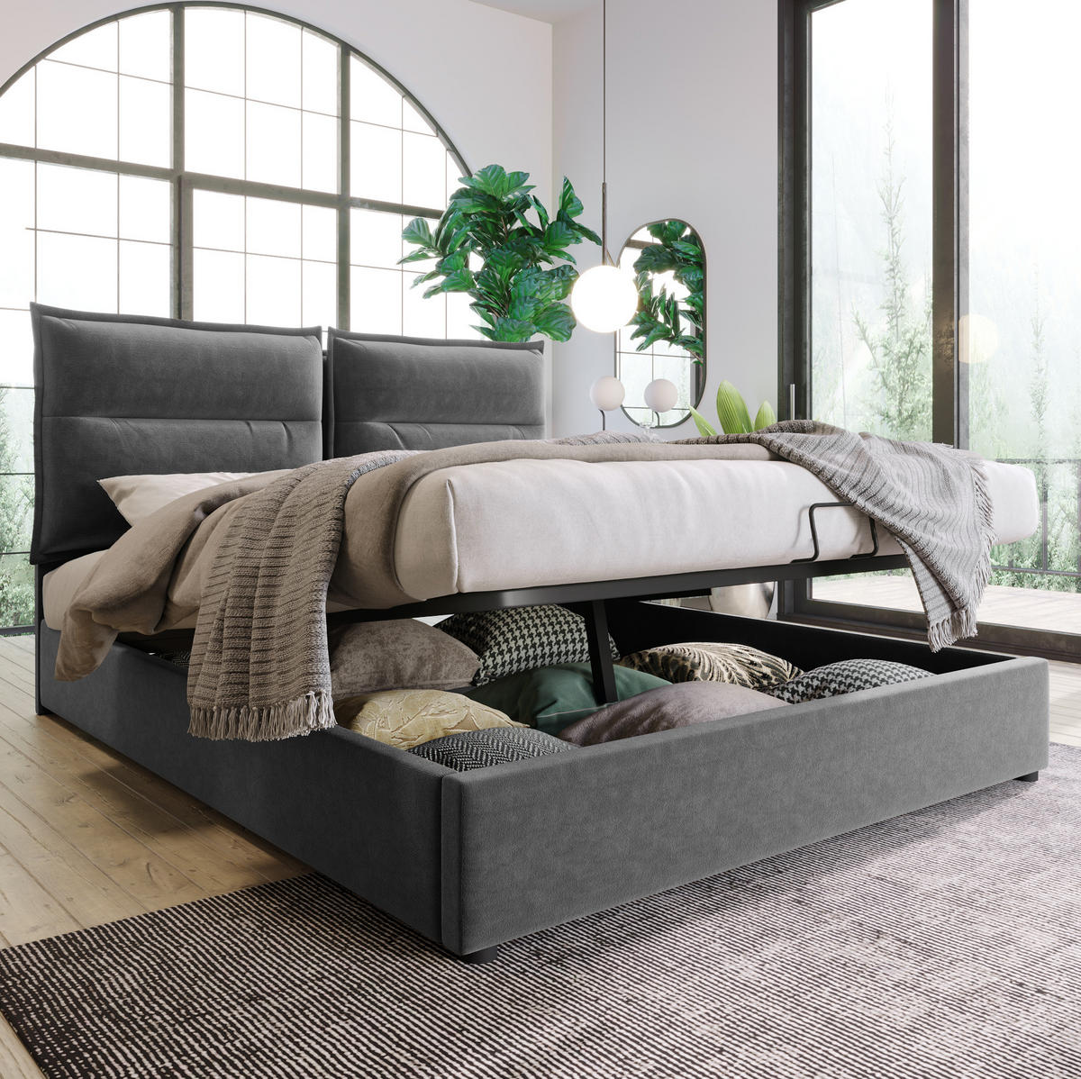POLSTERBETT 140/200 cm grau mit hydraulischem Bettkasten und verstellbarem Kopfteil - Grau, Textil (140/200cm) - OKWISH