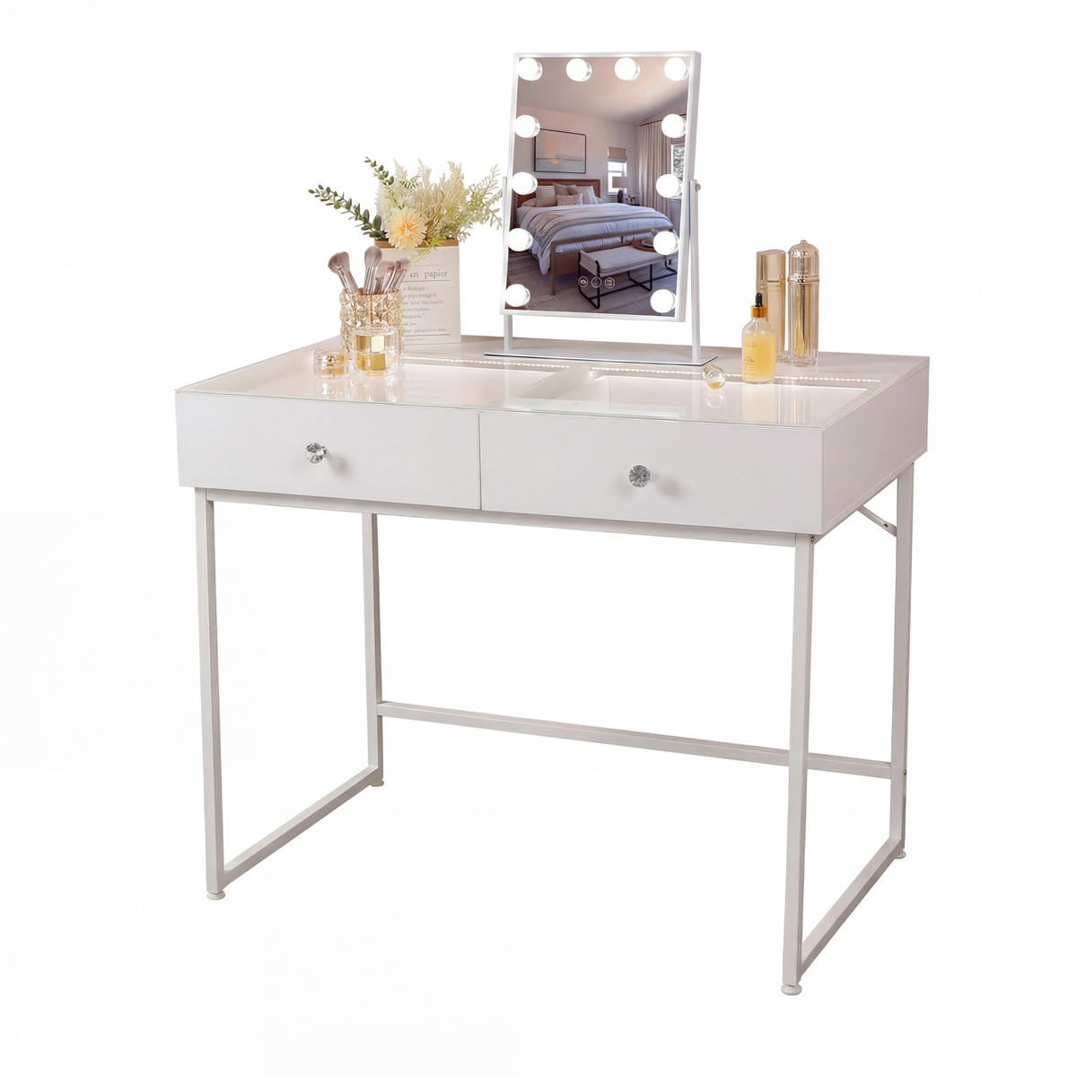 SCHMINKTISCH mit 2 Schubladen 100/55/81 CM und LED Beleuchtung Schminkspiegel Lichtleiste weiß 30/41 cm - Weiß, Holz/Metall (55/81/100cm) - VANITII