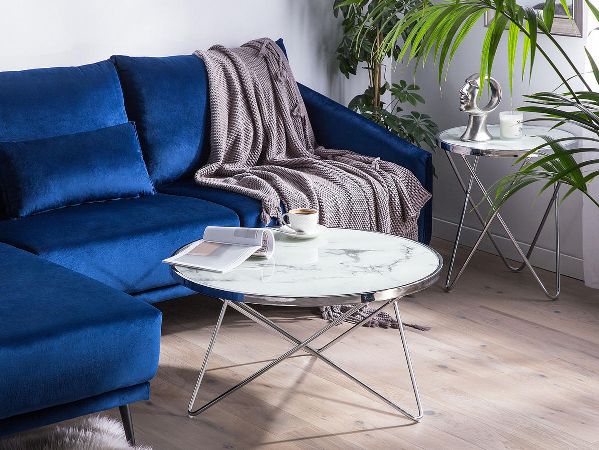 COUCHTISCH Marmor Optik weiß/silber 80 cm Meridian - Silberfarben/Weiß, Glas (80/80/40cm) - Beliani