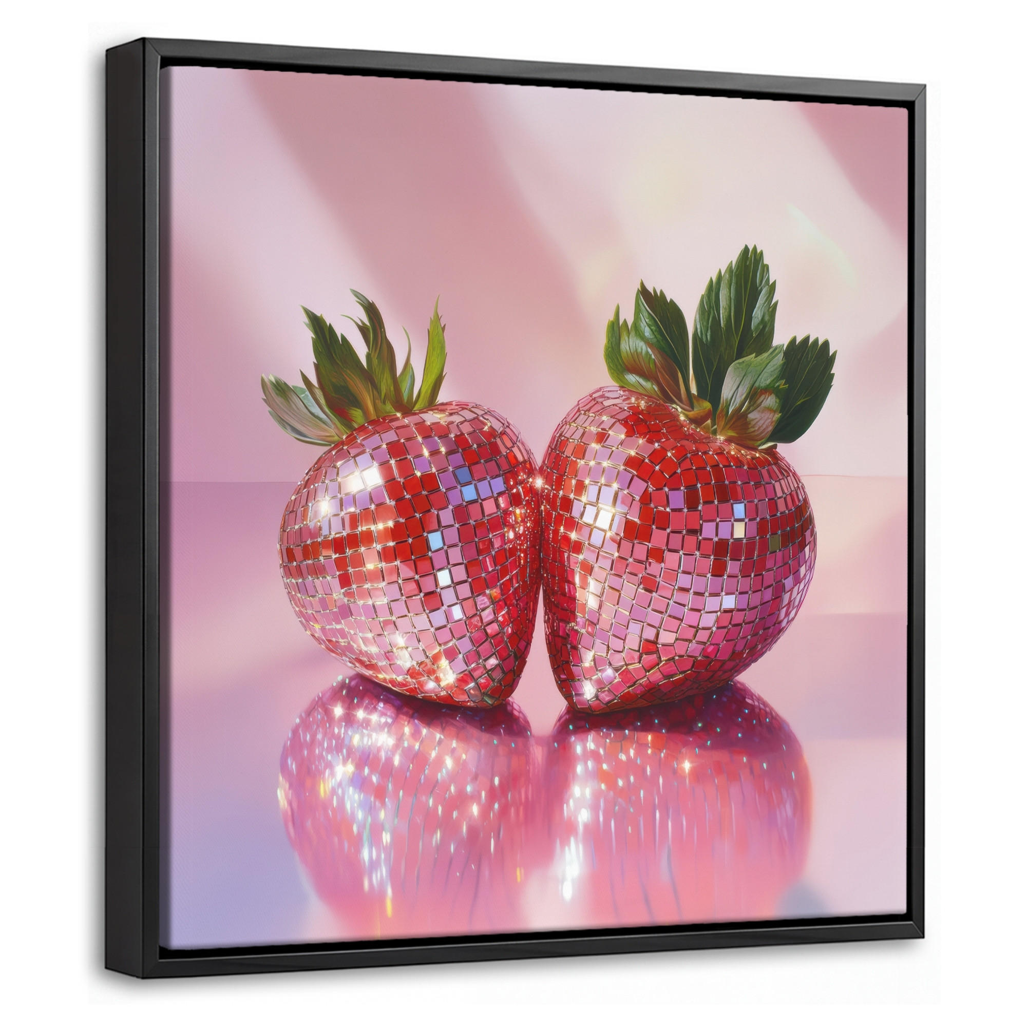 LEINWAND Bilder mit Rahmen - Disco - Obst - Glitzer - Erdbeere - 20x20 - Pink, Textil (20/20cm) - MuchoWow