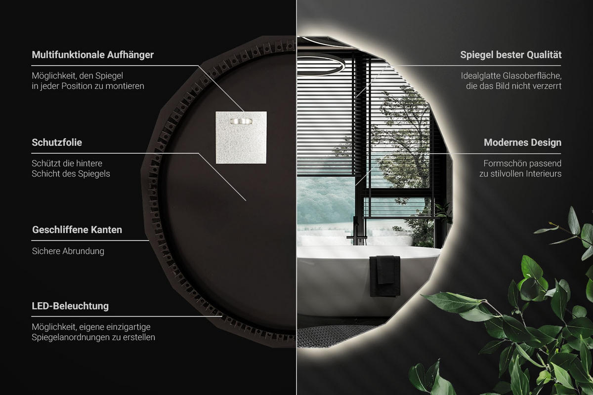 LED-SPIEGEL 60 cm x 60 cm Asymmetrische Form Neutralweiß 4000 K - Silberfarben, Glas (60/60/0.4cm) - Wallfluent