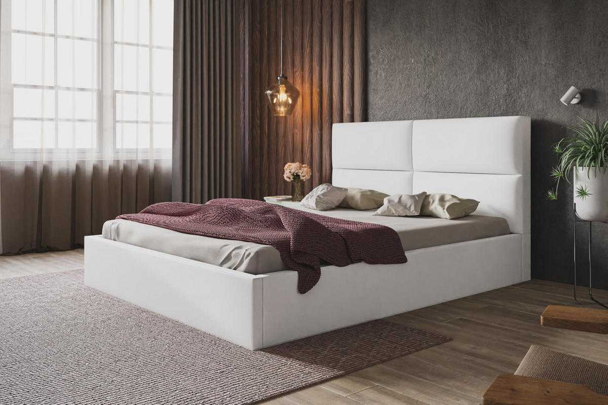 BETT 90x200 - Polsterbett mit Bettkasten und Holzrahmen - Modern Betten - Weicher Jasminstoff - Kollektion Lizbona, Weiß - Weiß, Holz/Textil (90/200cm) - Alpi-Möbel