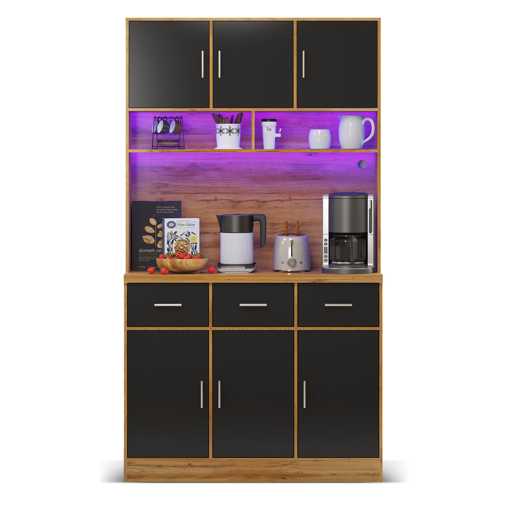 KÜCHENBUFFET in Schwarz und Naturfarbe Küchenschrank mit LED und Schubladen für Küchen und Esszimmer, B100/T40/H180 cm - Schwarz, Holzwerkstoff (100/180/40cm) - STILVORA