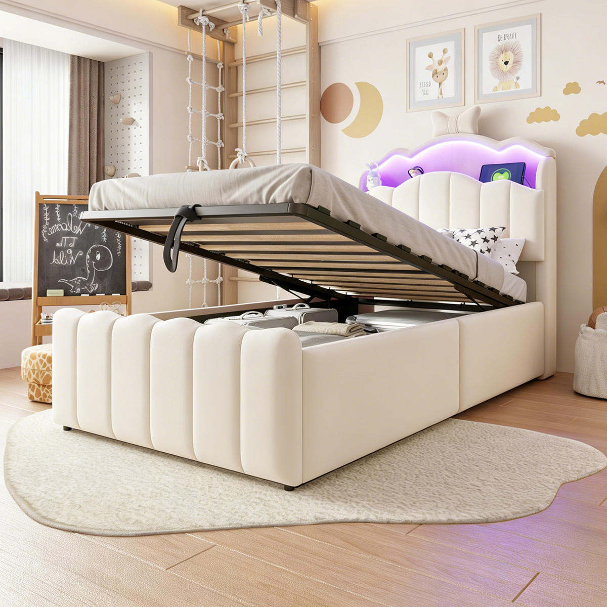 POLSTERBETT 90x200cm Samt LED USB Hydraulik Stauraum Beige - Beige, Metall (90/200cm) - FLIEKS