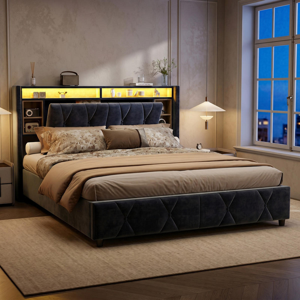POLSTERBETT 140/200 cm grau mit Stauraum, LED und USB - Grau, Holz
