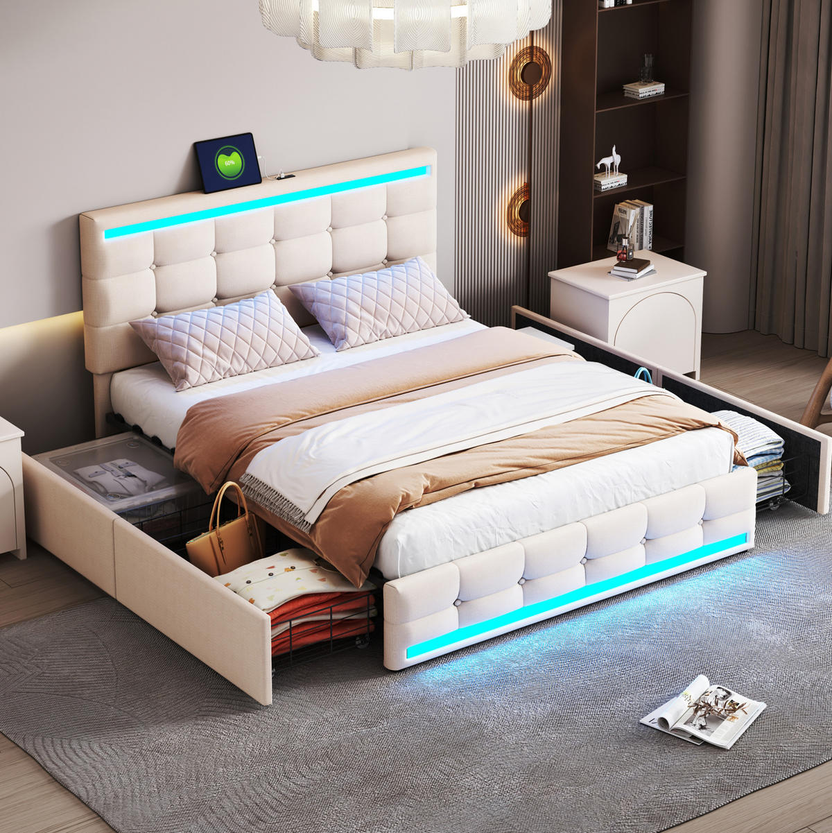 POLSTERBETT aus gepolstertem Bezug 140x200 cm Beige mit LED-Beleuchtung, 2 USB-Anschlüssen und 4 Schubladen - Beige, Textil (140/200cm) - Modfu