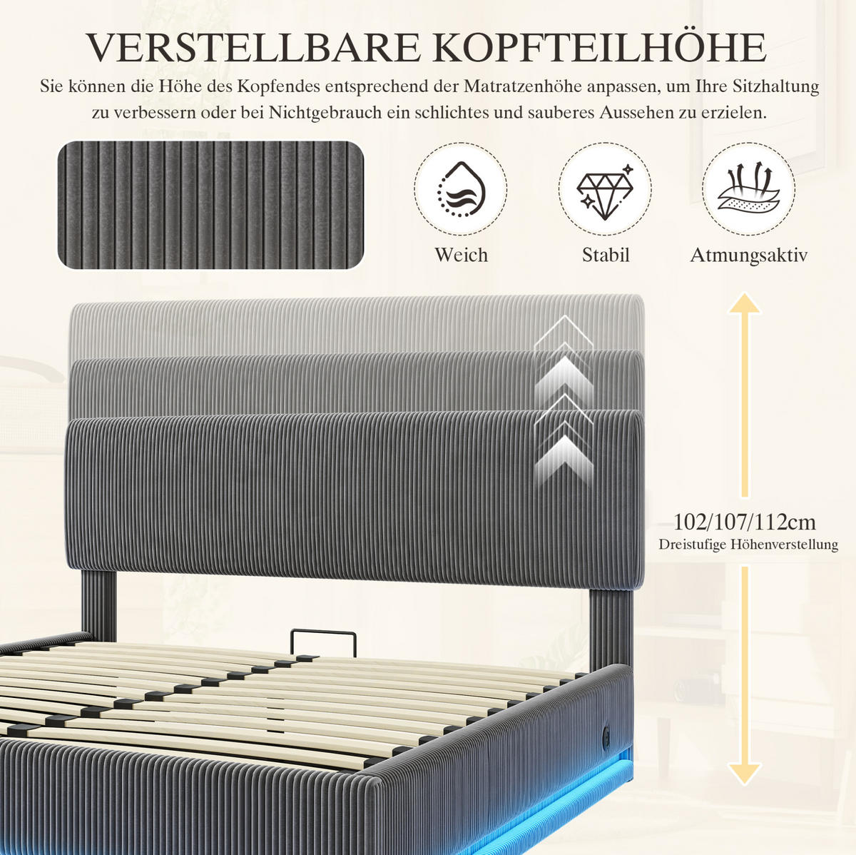 BETT mit LED und USB-C 160x200 cm Cord Dunkelgrau - Dunkelgrau, Metall (160/200cm) - Meubliv