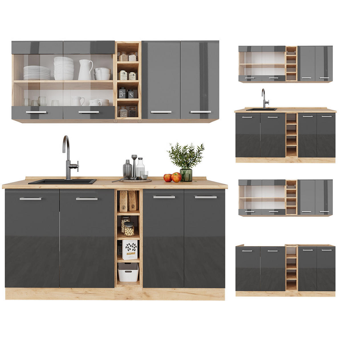 SINGLEKÜCHE R-Line Anthrazit Hochglanz/Goldkraft Eiche 160 cm AP Anthrazit - Honigeiche/Anthrazit, Holzwerkstoff (160/81.6/60cm) - Vicco