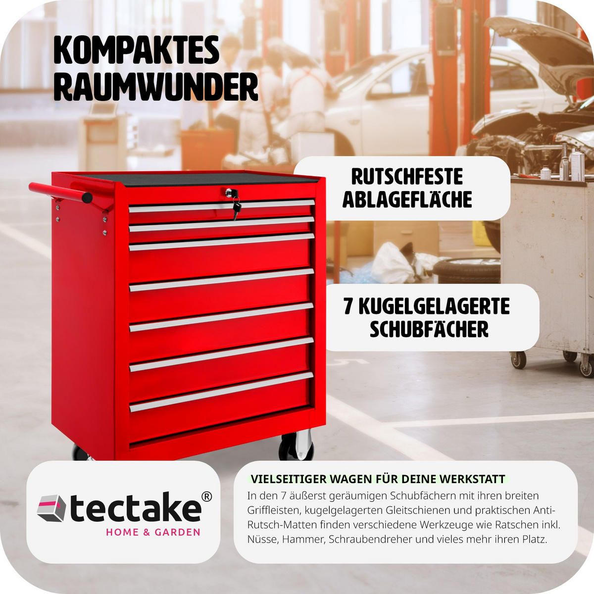 WERKZEUGWAGEN ,Rollen Ø 100 mm,rot - Rot, Metall (33/79/69cm) - tectake