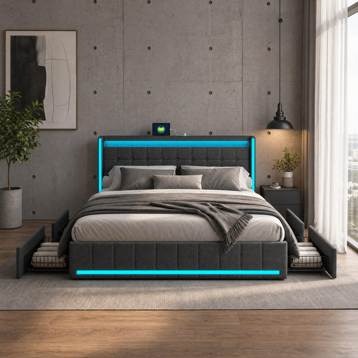 POLSTERBETT 140x190 cm Dunkelgrau Leinen LED USB 4 Schubladen - Grau, Holz (140/200cm) - SHOPENTRA