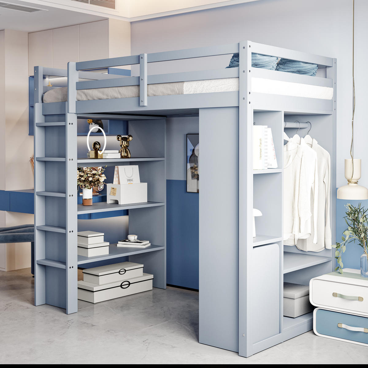 HOCHBETT 90/200 cm grau mit Stauraum und abnehmbarem Trolley - Grau, Holz (90/200cm) - OKWISH