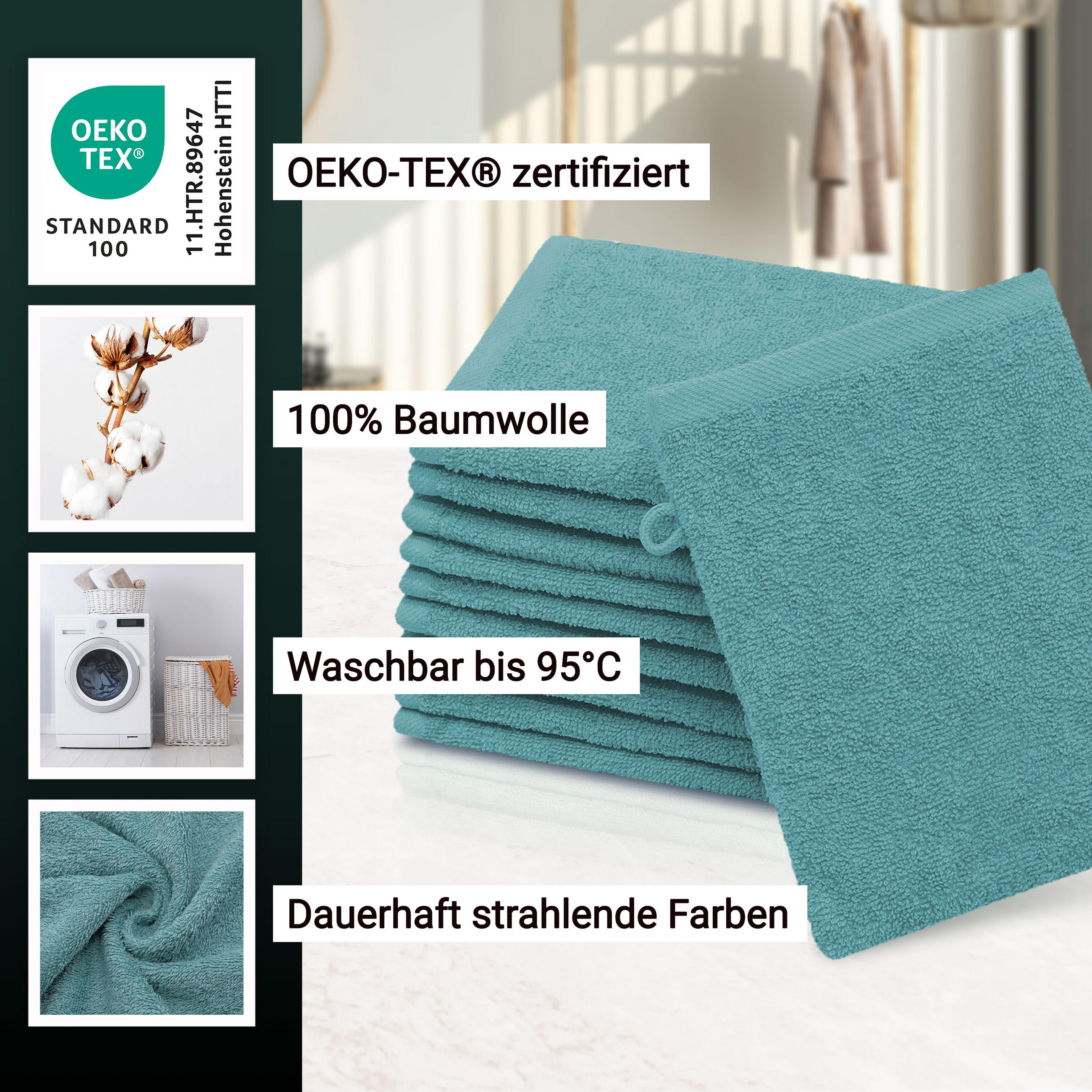 WASCHHANDSCHUH, 10er-Set, 16x21 cm, 100% Baumwolle, Blau - Petrol, Textil (16/21cm) - Zollner