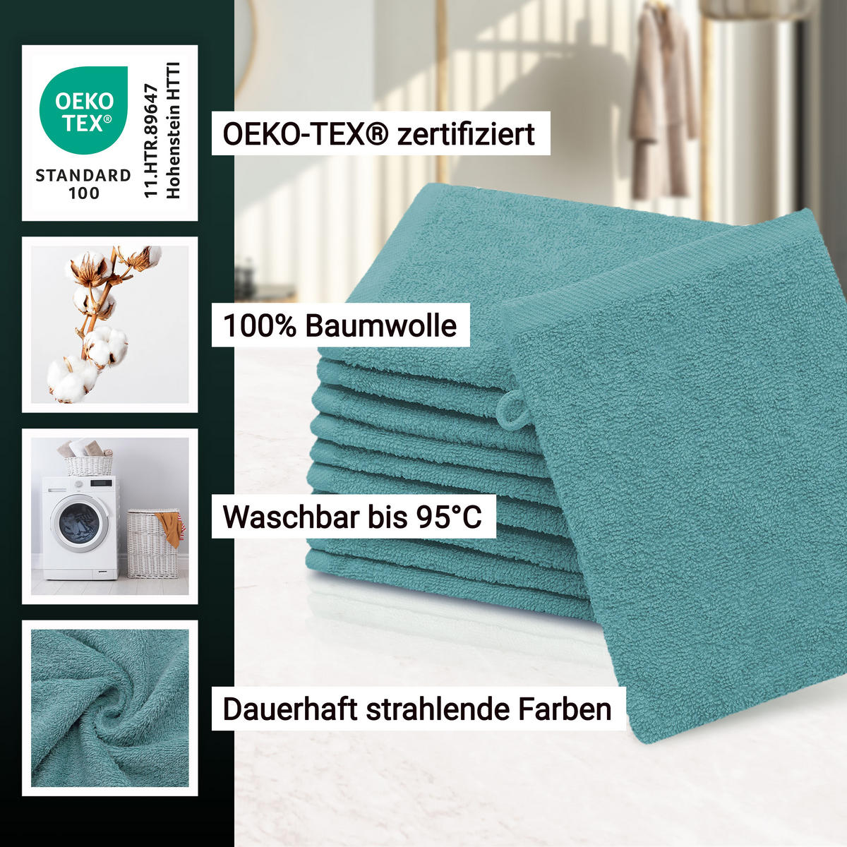 WASCHHANDSCHUH, 10er-Set, 16x21 cm, 100% Baumwolle, Blau - Petrol, Textil (16/21cm) - Zollner