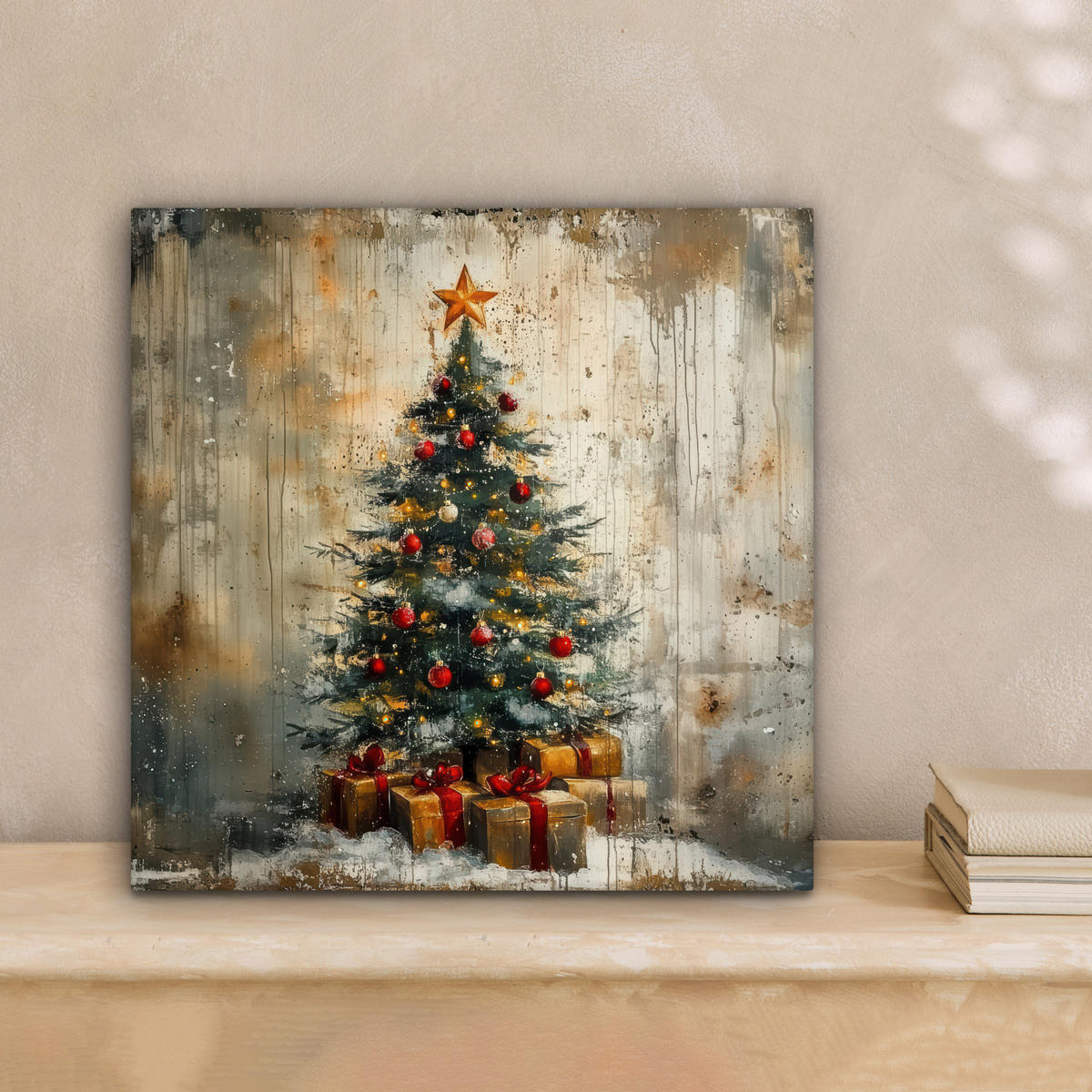 LEINWANDBILD Weihnachtsbaum - Vintage - Weihnachten - Geschenk Deko Wohnzimmer 20x20 cm - Rostfarben, Textil (20/20cm) - MuchoWow