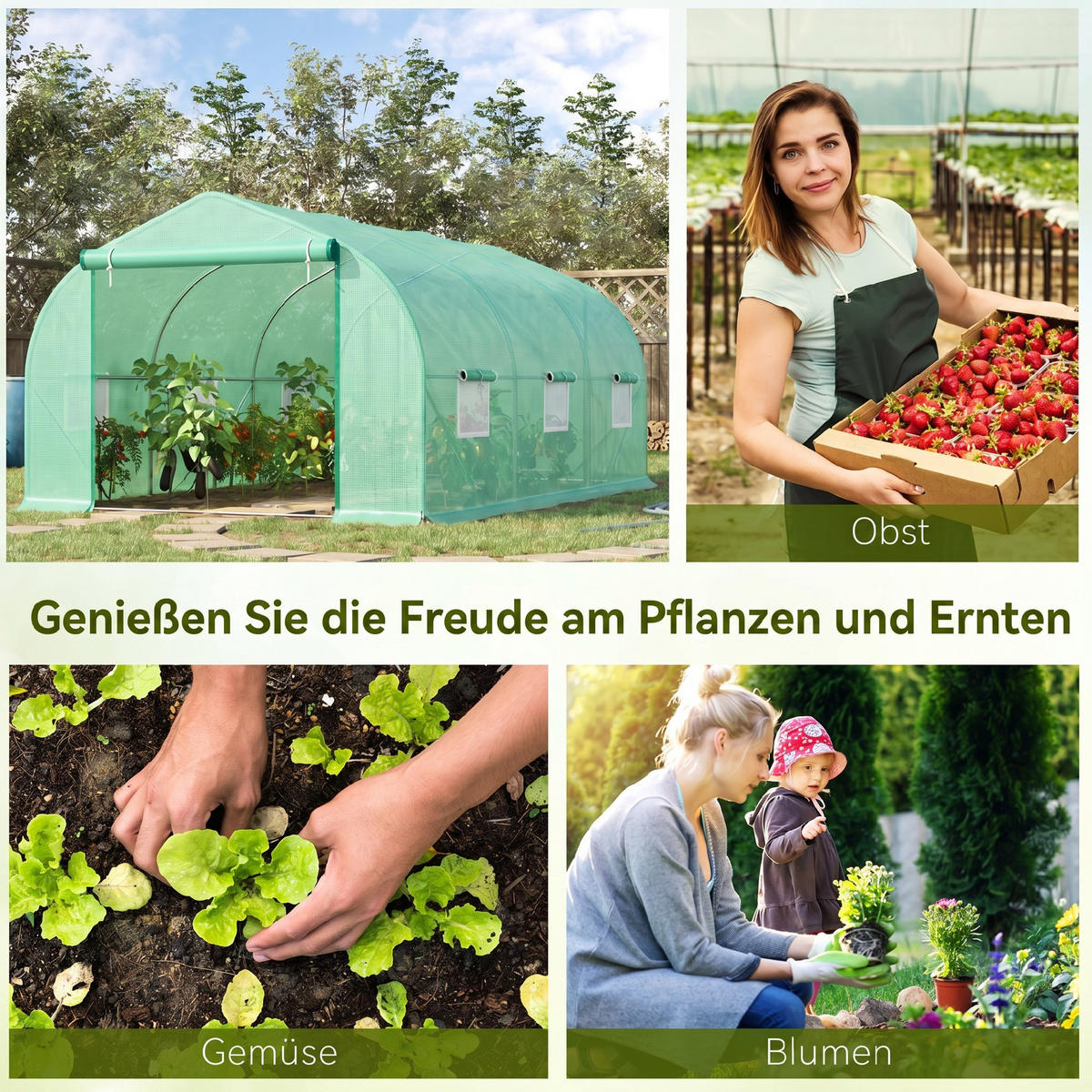 GEWÄCHSHAUS DE-05746 4,5x3x2 m, Rolltür, 6 Netzfenster Grün - Grün, Kunststoff/Metall (300/205/450cm) - ComfortXL