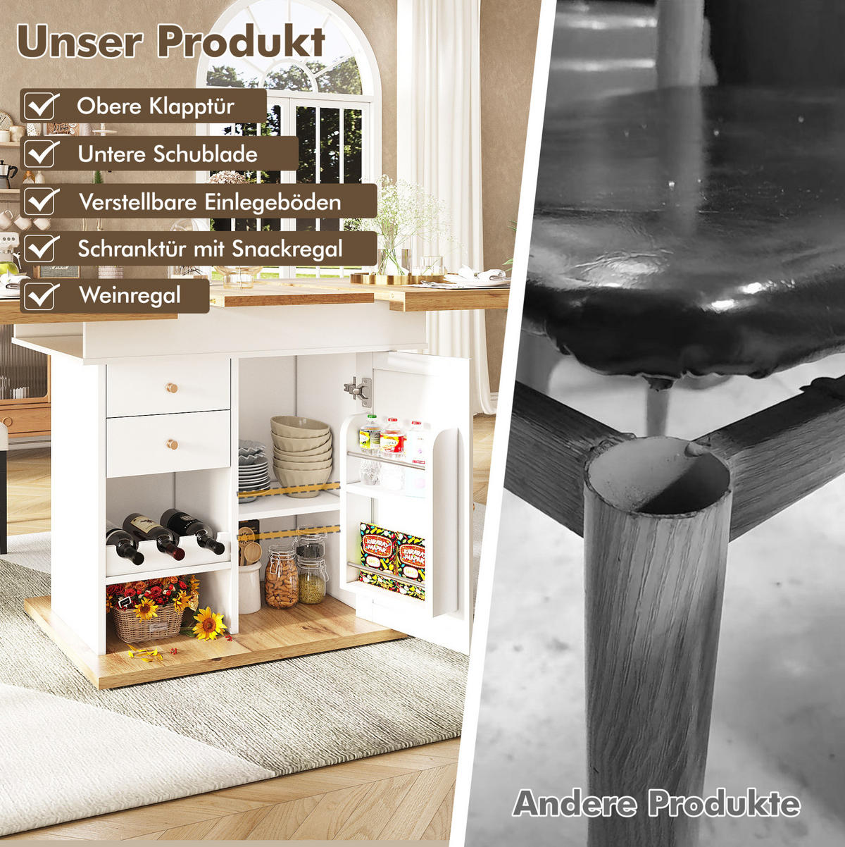 AUSZIEHBARER Esstisch MDF mit Stauraum & Weinregal, 110-140/80/75 cm, Natur/Weiß - Weiß, Holzwerkstoff (110/80/75cm) - Redom