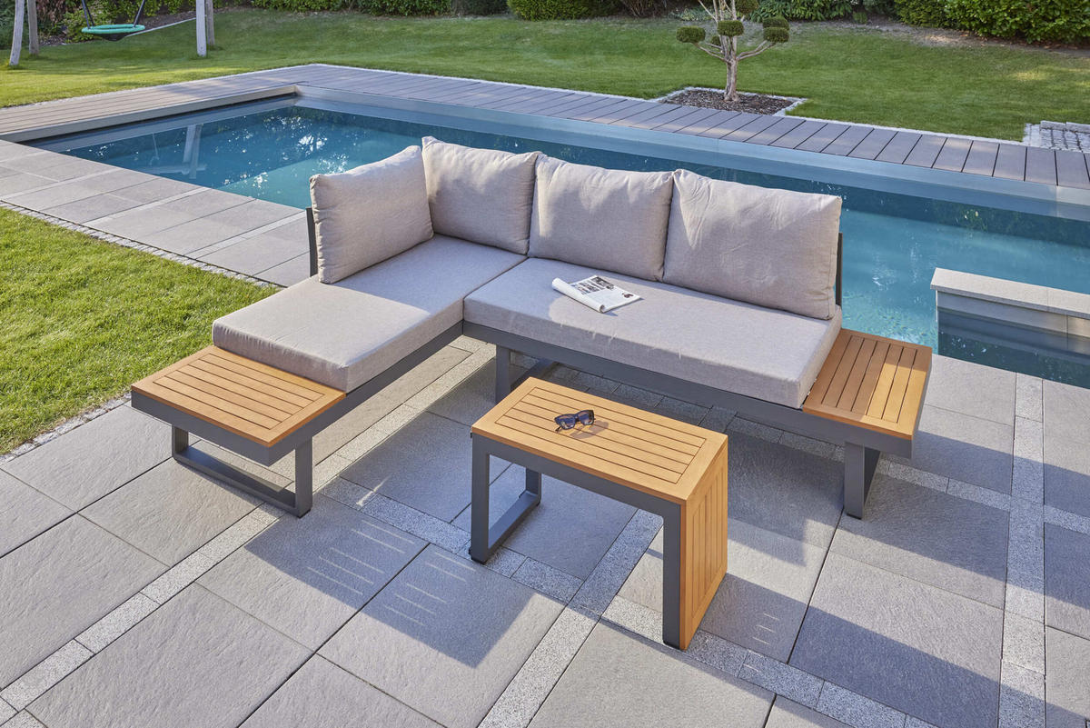 LOUNGESET 3tlg. Nairobi, Aluminium,Akazie - Anthrazit/Grau, Metall - dasmöbelwerk