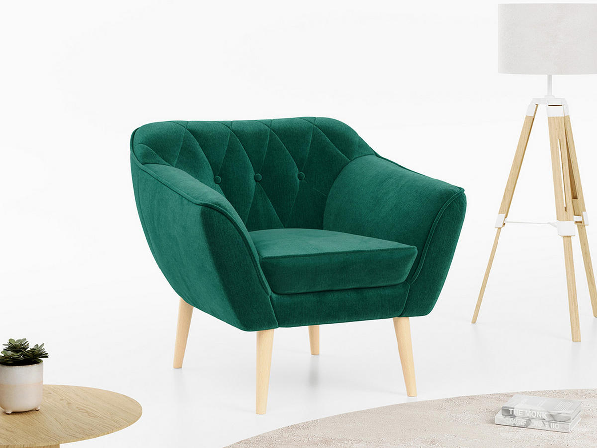 SESSEL Pirs 1 Sitzer Velvet Dunkelgrün - Dunkelgrün/Braun, Holz/Textil (80/75/74cm) - MKS