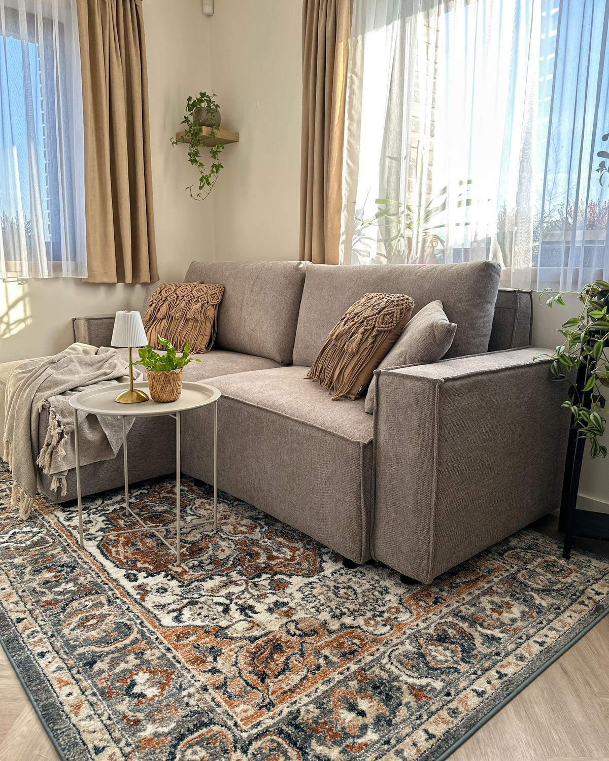 ROHOVÁ POHOVKA 3-místná taupe levostranná s rozkládací funkcí Úložný prostor Karila - šedohnědá, textil (250/150cm) - Beliani