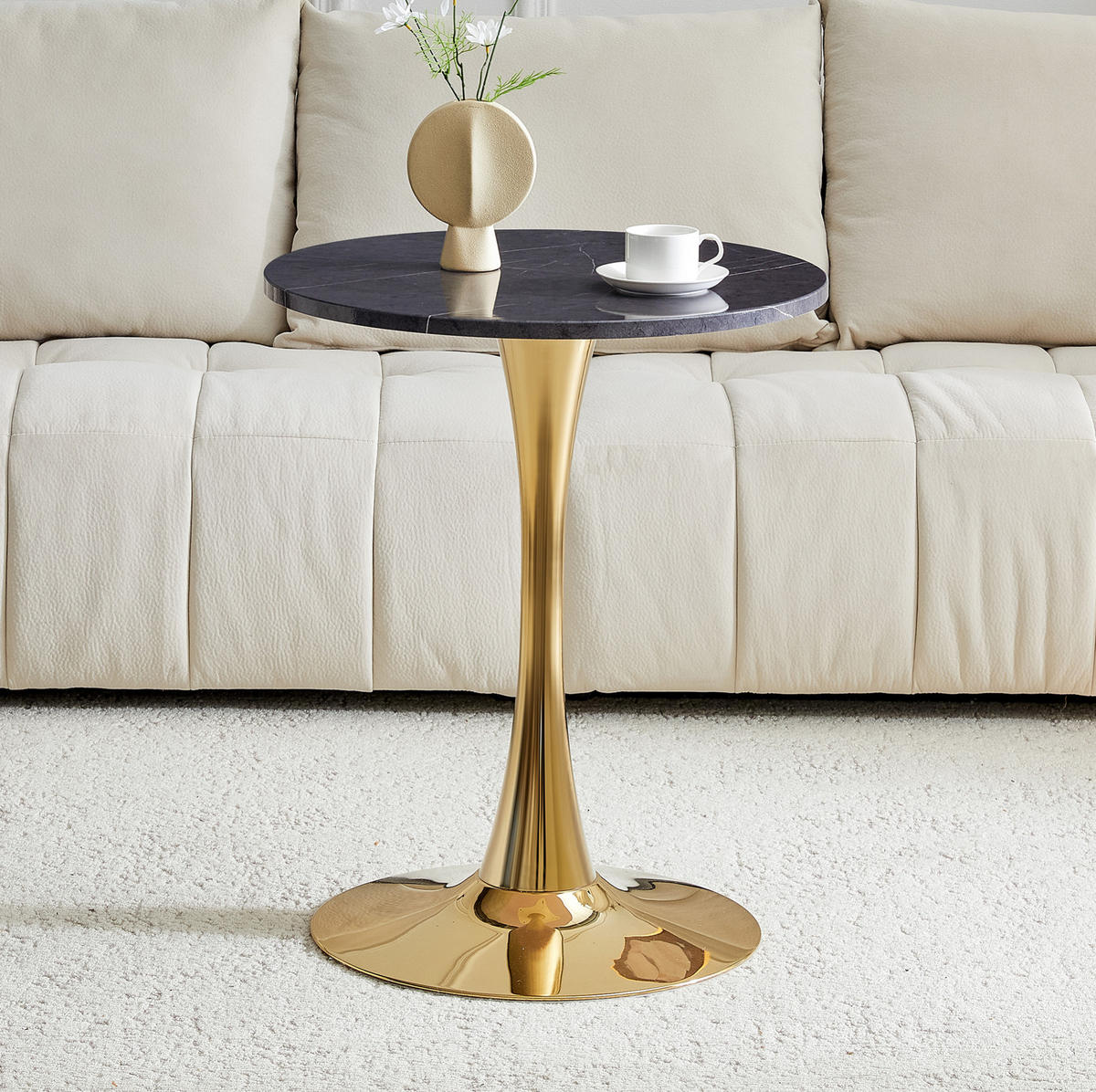 BEISTELLTISCH 60/60/72 cm mit runder MDF-Tischplatte in Marmoroptik und Metallgestell, Schwarz/Gold - Schwarz, Holzwerkstoff (60/60/72cm) - Redom