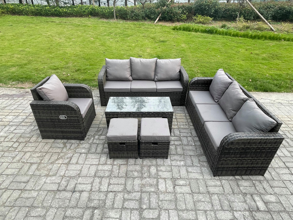 GARTENMÖBEL SET mit Sofa Polyrattan 9-Sitzer Dunkelgrau - Dunkelgrau/Grau, Glas/Kunststoff - Fimous
